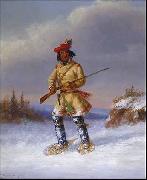 Cornelius Krieghoff Indian Trapper with Red Feathered Cap in Winter oil